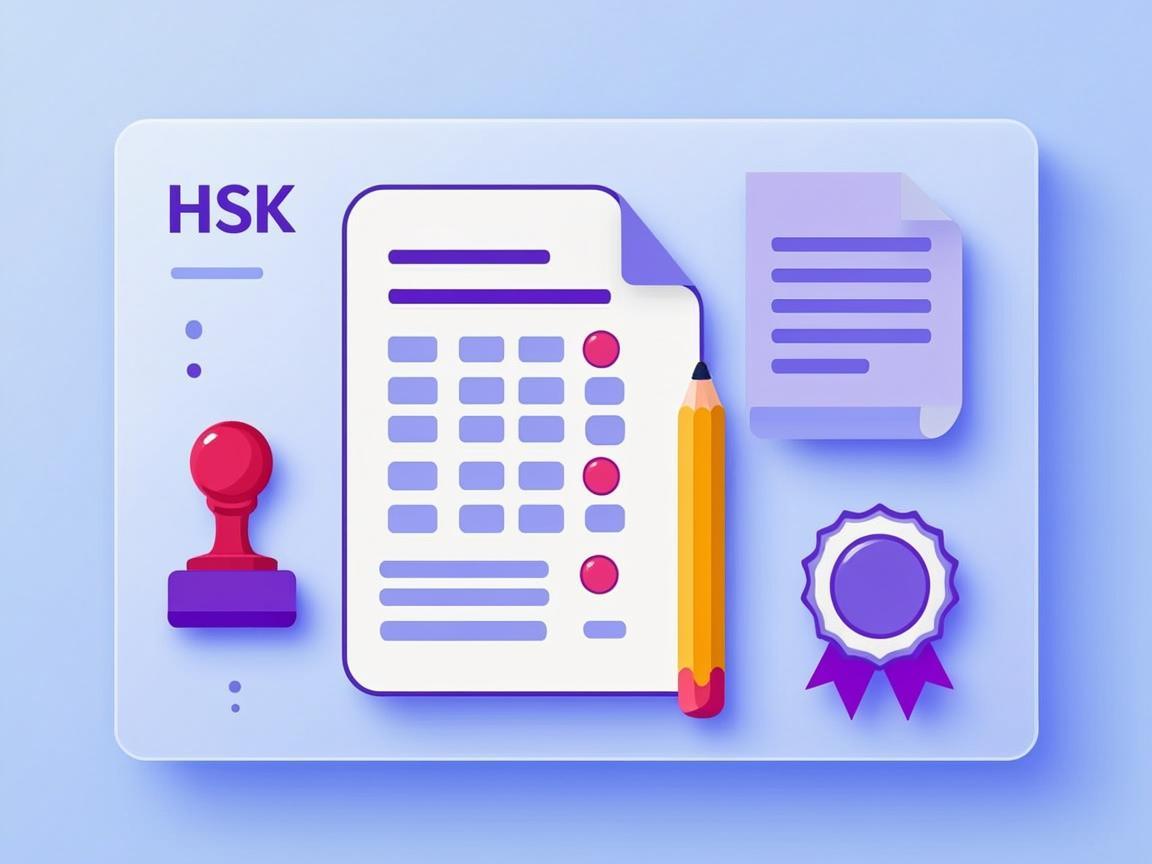 Ilustrasi kelas persiapan HSK: lembar soal, pensil, dan lencana