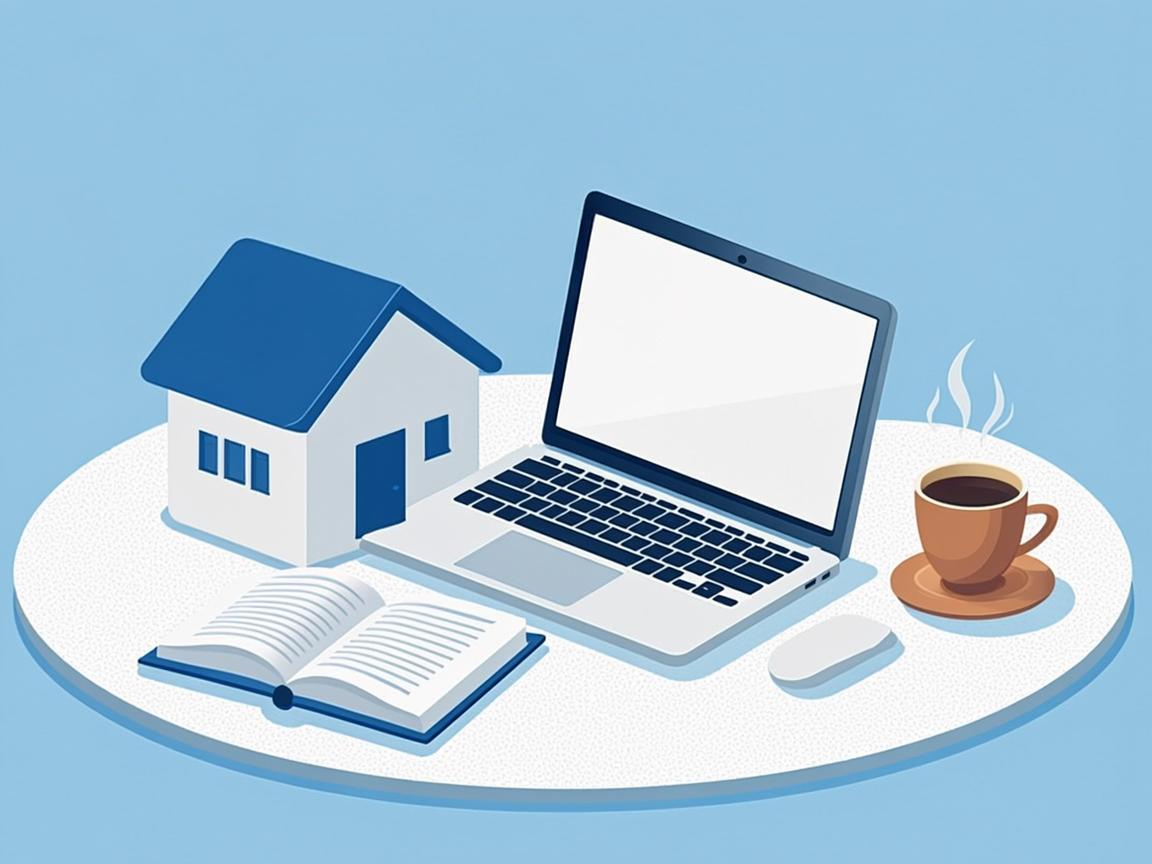 Ilustrasi belajar bahasa mandiri dari rumah: meja, laptop, buku, dan cangkir teh